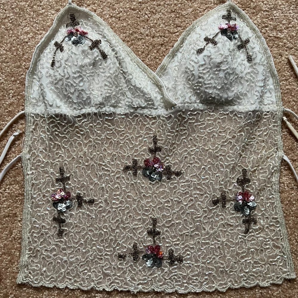 Vintage White Floral Beaded Halter Tie Open Back Top - Picture 6 of 9